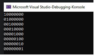 Screenshot einer Debugging-Konsole mit Binärzahlen