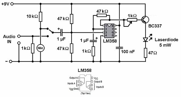 Schaltplan eines Laserdiode-Treibers mit LM358 und Mikrofon