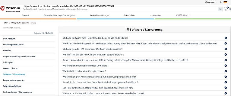 FAQ-Seite von Microchip Direct