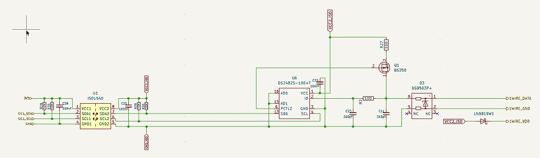 Schaltplan mit I2C-Isolator und 1-Wire-Schnittstelle