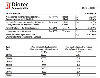 Datenblatt-Ausschnitt Diotec GBU4A bis GBU4M