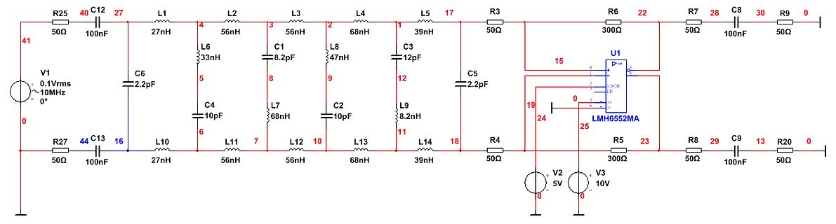 Schaltplan eines Hochfrequenz-Filters mit LMH6552MA