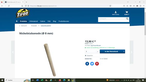 Webseite eines Online-Shops für eine Nickelstabanode