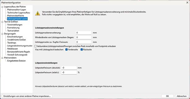Einstellungen der Lötsmaske in einer PCB-Software