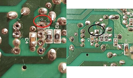 Nahaufnahme einer Leiterplatte mit markierten Bauteilen