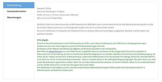 Textbeschreibung einer Batterie mit Steuerungsdetails