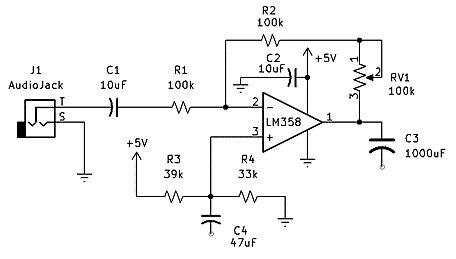 Schaltplan eines Audio-Verstärkers mit LM358
