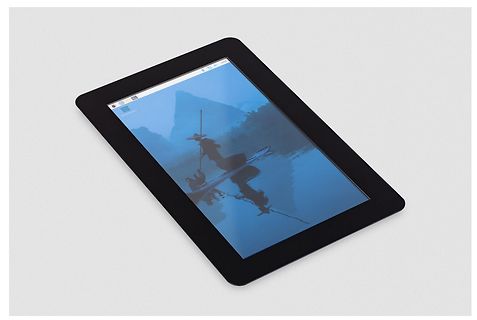 Tablet mit Landschaftsbild auf weißem Hintergrund
