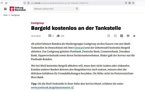 Screenshot eines Nachrichtenartikels über Bargeldabhebung an Shell-Tankstellen