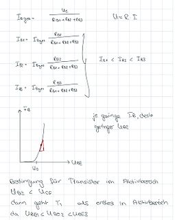 Handschriftliche Formeln und Diagramm zur Transistorcharakteristik
