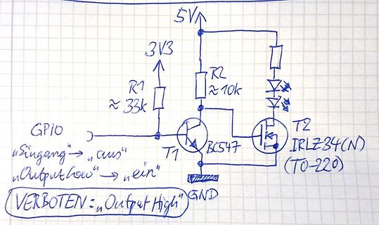 Handgezeichneter Schaltplan mit Transistoren und GPIO-Ansteuerung