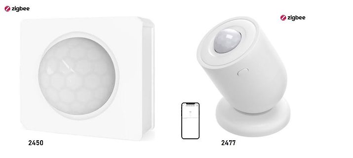 Zwei Zigbee Bewegungsmelder und Smartphone-Symbol