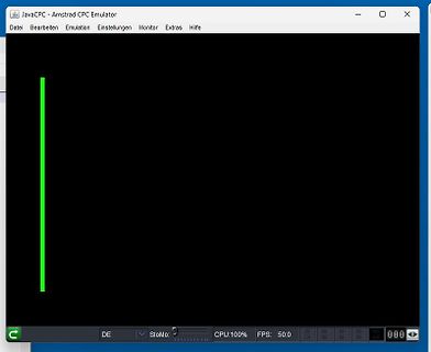 JavaCPC Amstrad CPC Emulator Fenster mit grünem vertikalem Strich