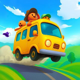 Comic-Illustration eines fliegenden gelben Vans mit Figuren