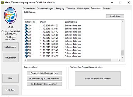 Fehlerhistorie der Kiarol 50 Wartungssoftware