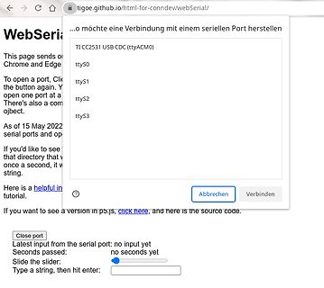 WebSerial API Auswahlmenü für serielle Ports