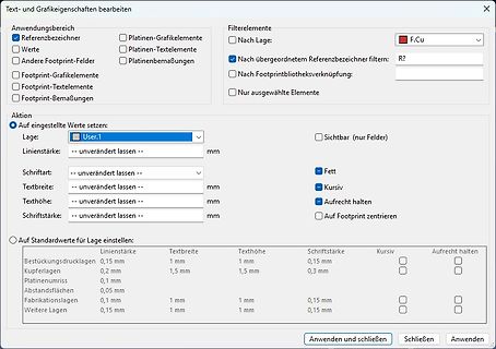 Software-Dialogfenster zur Bearbeitung von Text- und Grafikeigenschaften
