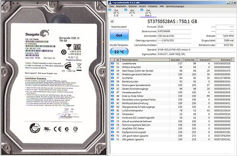 Seagate Barracuda Festplatte und CrystalDiskInfo Screenshot