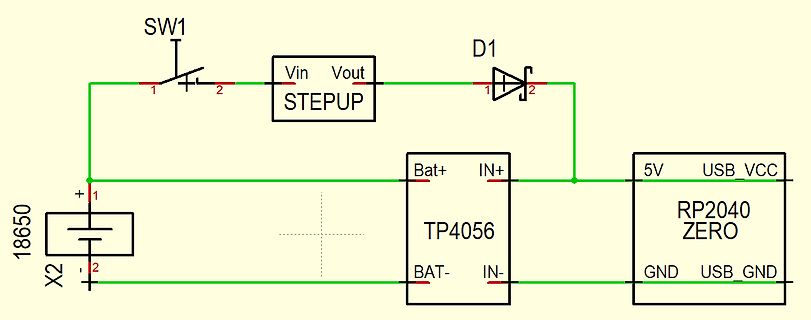 Schaltplan mit Akku, Step-up Wandler und RP2040 Zero