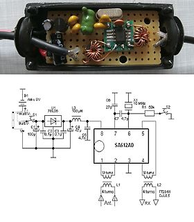 Foto eines Prototypen-Aufbaus und Schaltplan eines SA612AD-Moduls