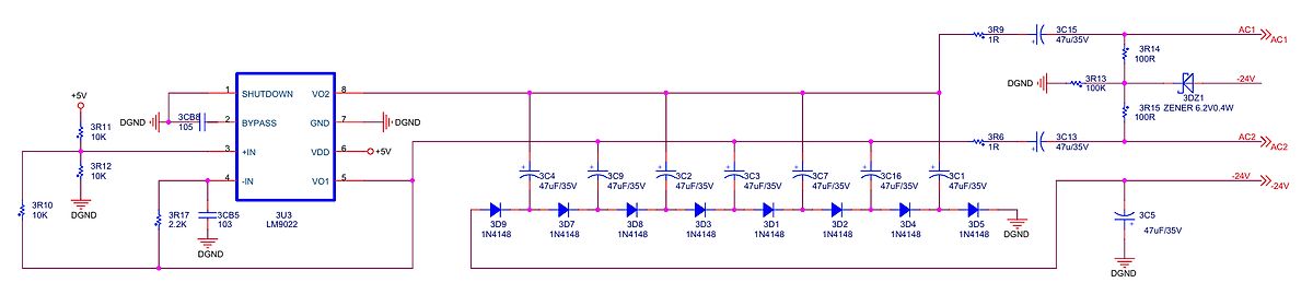 Schaltplan eines Gleichrichters mit LM9022 Spannungsregler