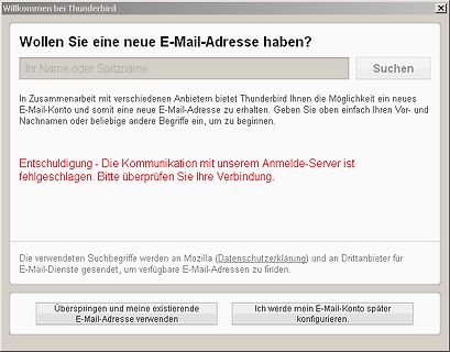 Fehlermeldung bei der E-Mail-Adresssuche in Thunderbird