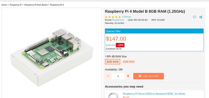 Webshop-Produktseite Raspberry Pi 4 Model B