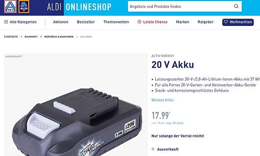Produktseite eines 20V Akkus im Aldi Onlineshop