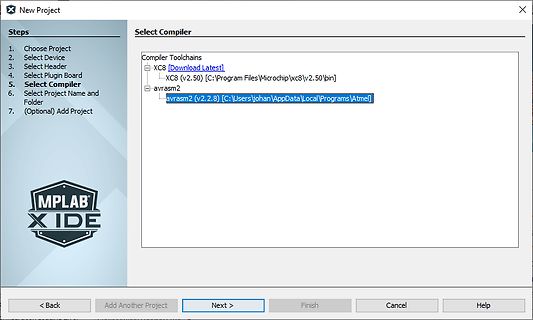 MPLAB X IDE Compiler Auswahlmenü