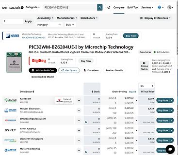 Webseite von oemsecrets für PIC32WM-BZ6204UE-I Modul