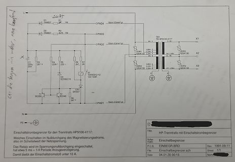 Schaltplan eines Trenntransformators mit Einschaltstrombegrenzer