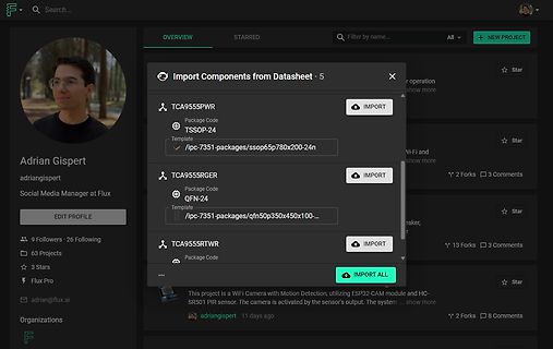 Screenshot einer Softwareoberfläche mit Bauteilimport-Optionen