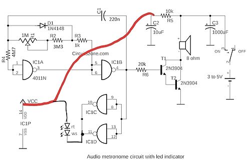 Schaltplan eines Audio-Metronoms mit LED-Anzeige