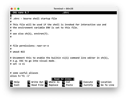 Terminal-Fenster mit nano Texteditor Inhalt der .shrc Datei