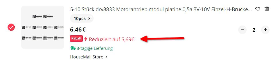 Screenshot eines Online-Shops für DRV8833 Motortreiber-Module