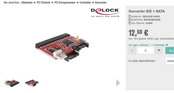 Webshop-Produktseite eines IDE zu SATA Konverters