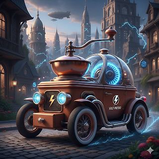KI-generiertes Bild eines Steampunk-Kaffeeautomaten-Autos