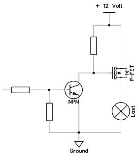 Schaltplan mit NPN-Transistor und P-FET Laststeuerung