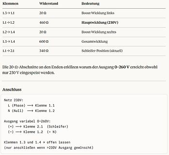 Tabelle und Anschlussbeschreibung eines Variablentransformators