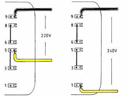 Skizze von Anschlussbelegungen für 220V und 240V