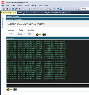 Screenshot der Microchip Studio Software mit Terminal-Ausgabe