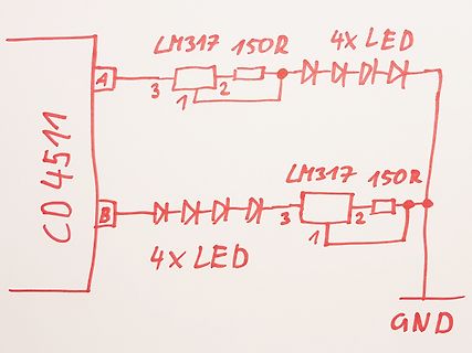 Handgezeichneter Schaltplan mit LM317 und LEDs