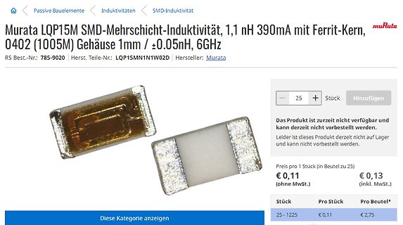 Produktseite einer Murata SMD-Induktivität