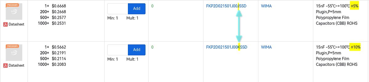 Screenshot einer Online-Bestellliste für Kondensatoren
