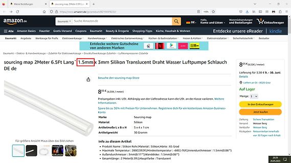 Amazon-Produktseite für Silikon-Schlauch