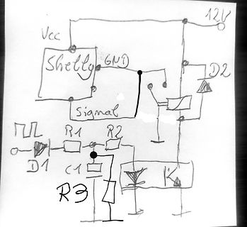Handgezeichneter Schaltplan mit Shelly-Modul und Relais