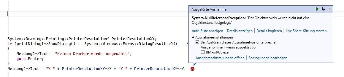 Screenshot einer Fehlermeldung in einer Programmierumgebung