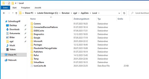 Windows Explorer Fenster mit AppData Local Ordnerinhalt