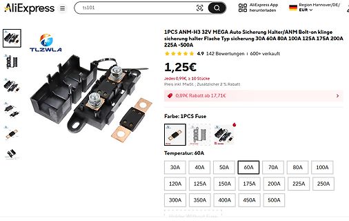 AliExpress Produktseite für Sicherungshalter