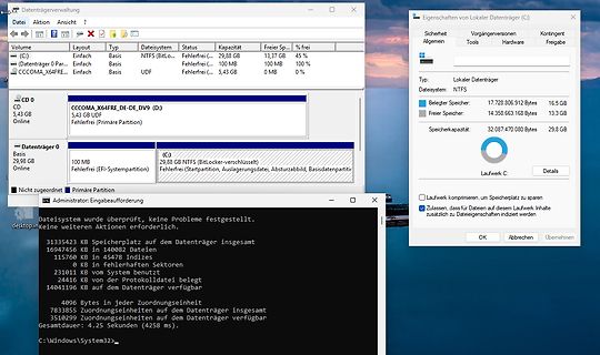 Windows Datenträgerverwaltung und Eigenschaften eines Laufwerks